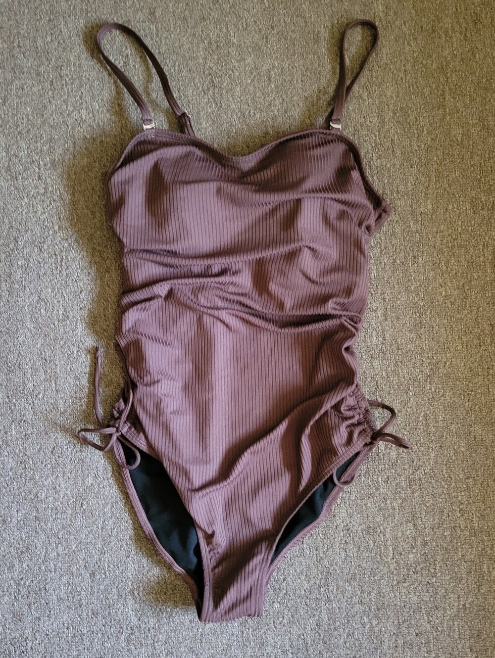 Women's Size M one piece Cocoa Brown Swimsuit Bathing Suit w. side Rusched Ties